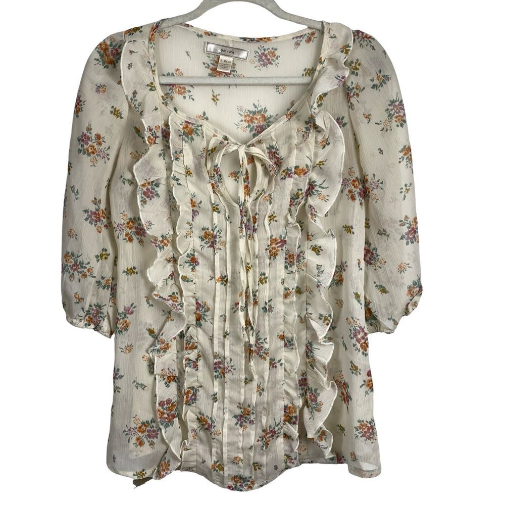 Ya Da Cream Floral Ruffle Peasant Blouse Women's XS Cottagecore